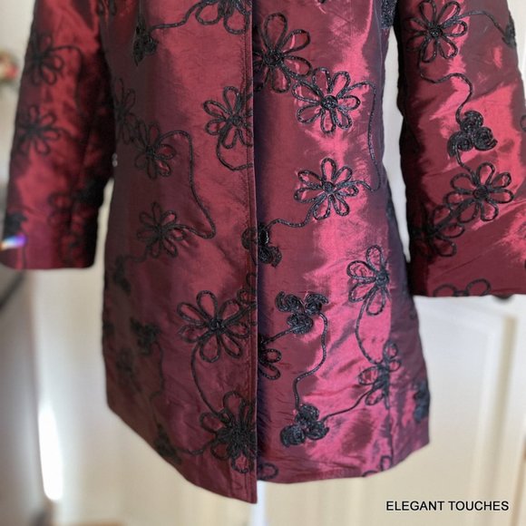 3 Sisters Jacket Womens Open Front Medium Red Black Embroidered Taffeta Coat - Picture 6 of 8